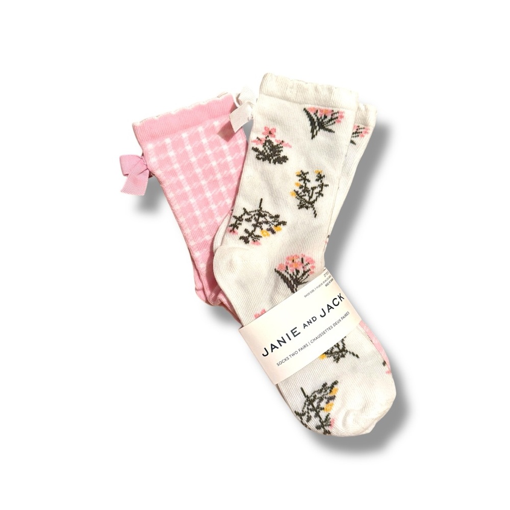 Janie and Jack NWT Girl Socks 2-Pack Floral‎ Gingham Size 2T-5 Pink Ivory Spring
